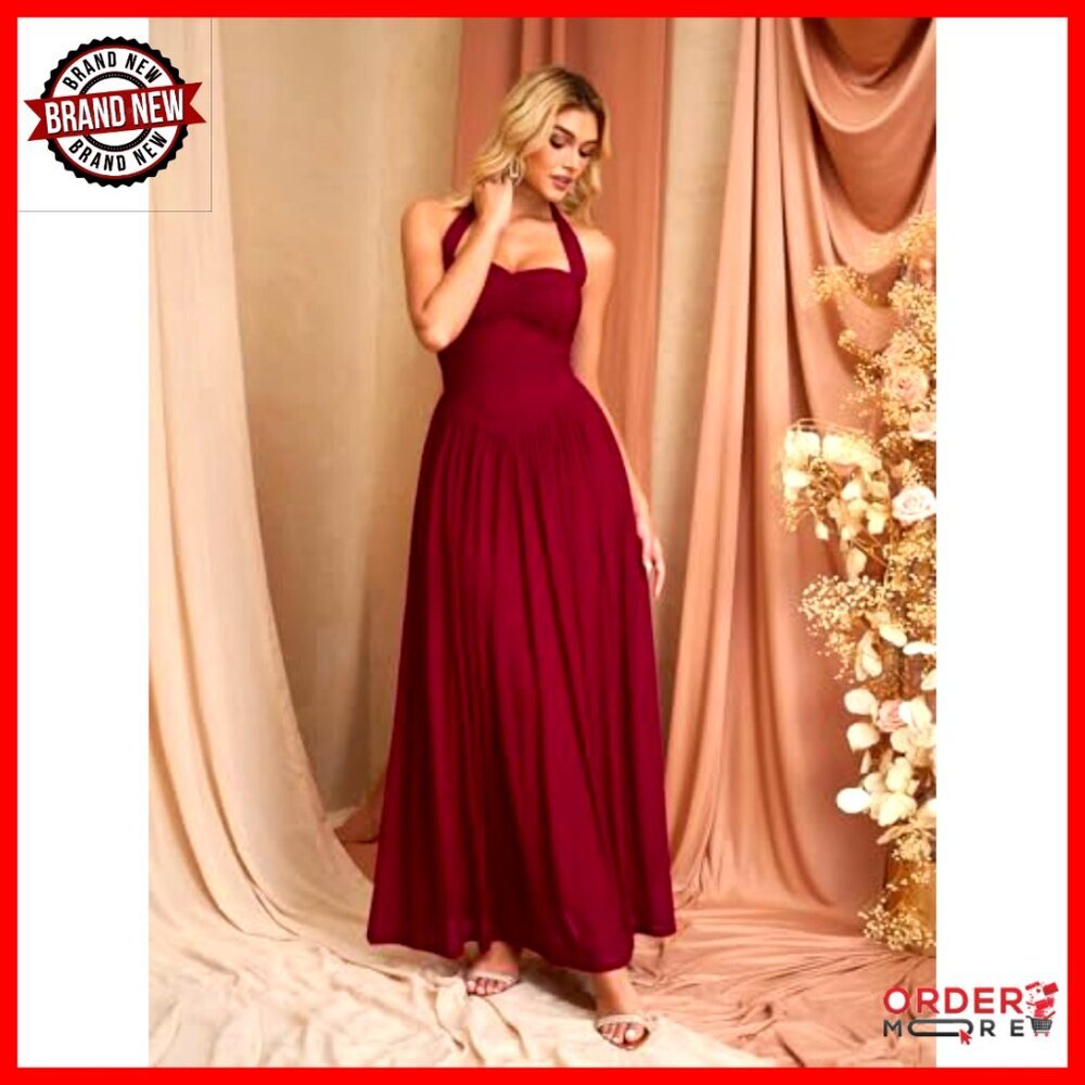 Elegant Halter Neck Corset Maxi Dress Backless Evening Gown Wedding Guest - Picture 4 of 5